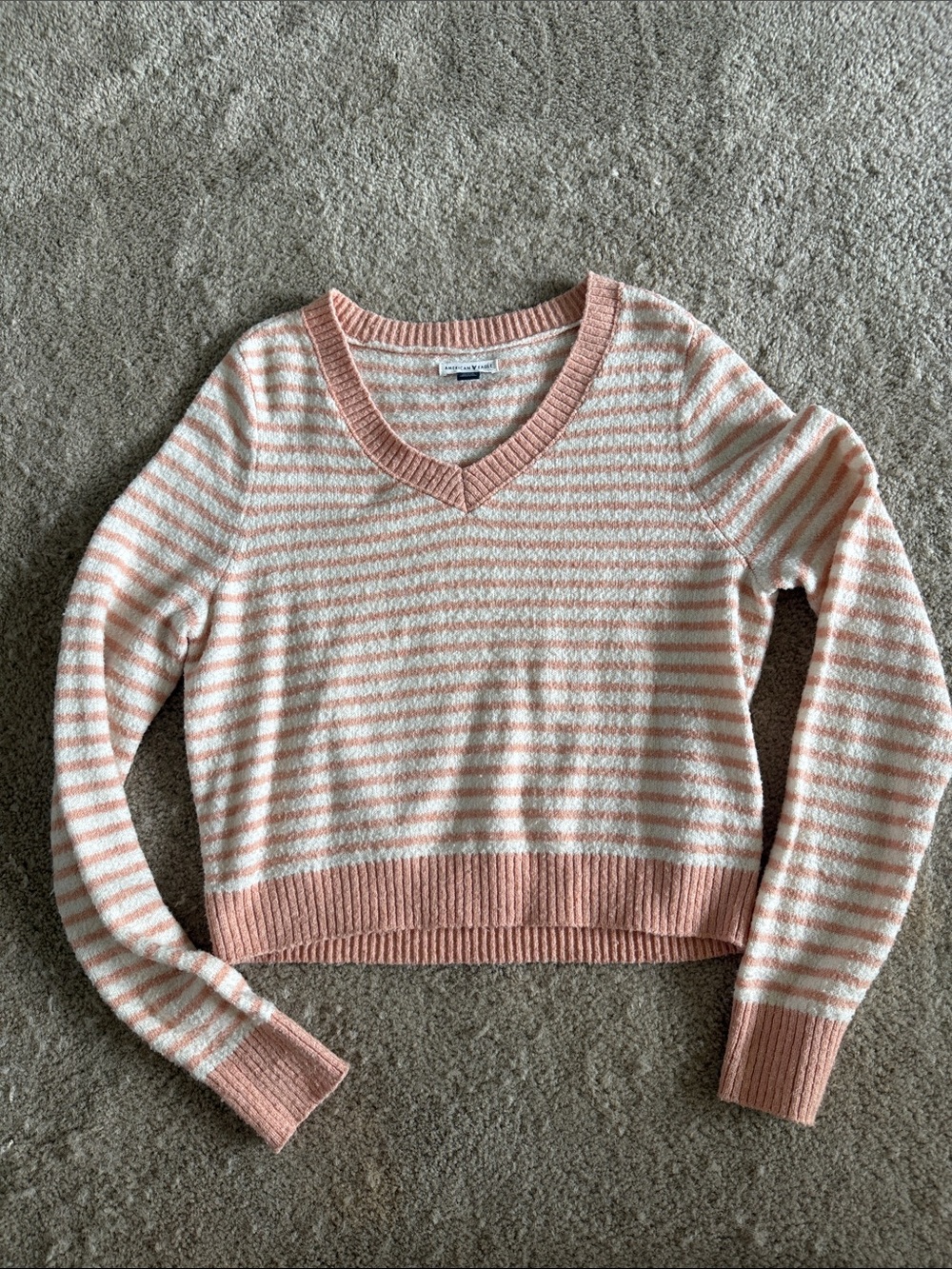 American Eagle Outfitters Blush and Cream Striped V-Neck Sweater